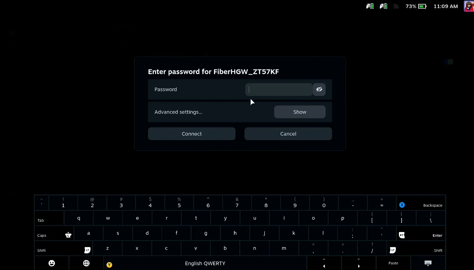 Steam Deck dialog reading Enter password for the selected network, with an empty Password field