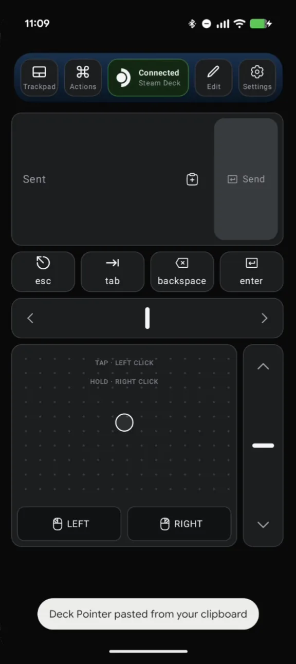 Deck Pointer on Android with the text field reading Sent and a note that it pasted from the clipboard