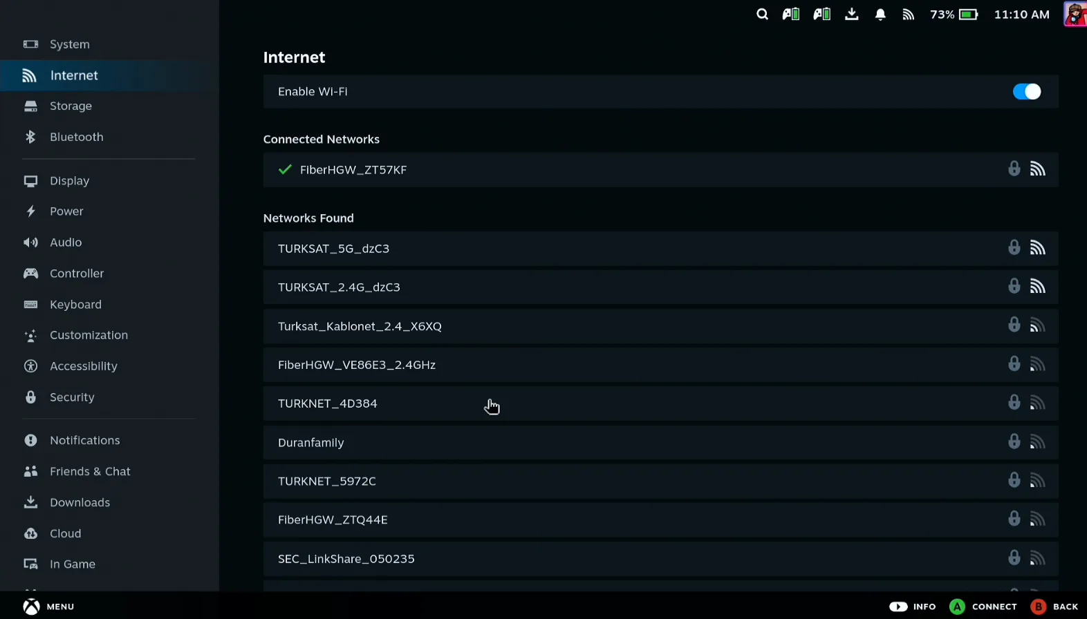 Steam Deck Internet settings with FiberHGW_ZT57KF listed under Connected Networks