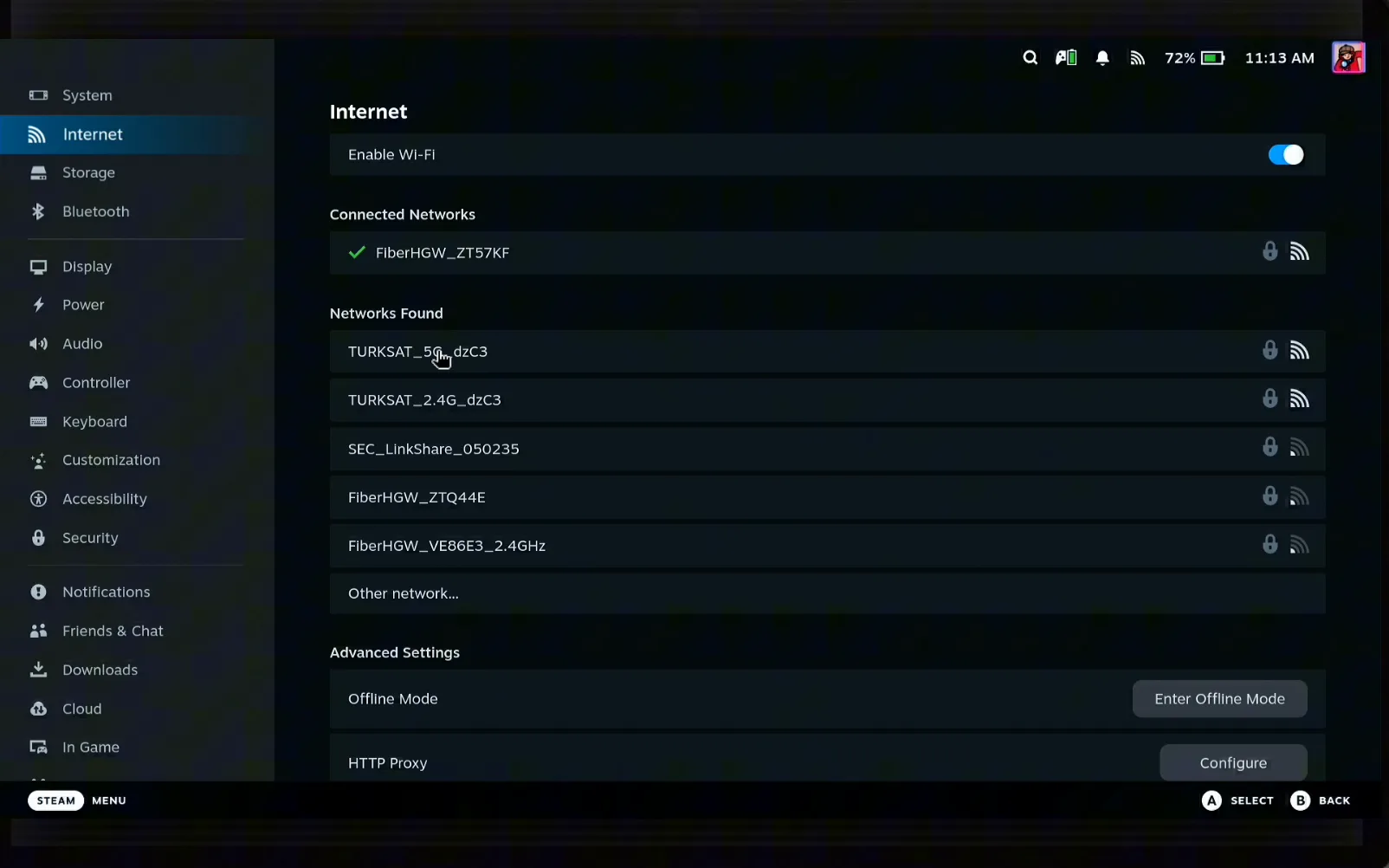 Steam Deck Internet settings with a list of Wi-Fi networks found and the current connection at the top