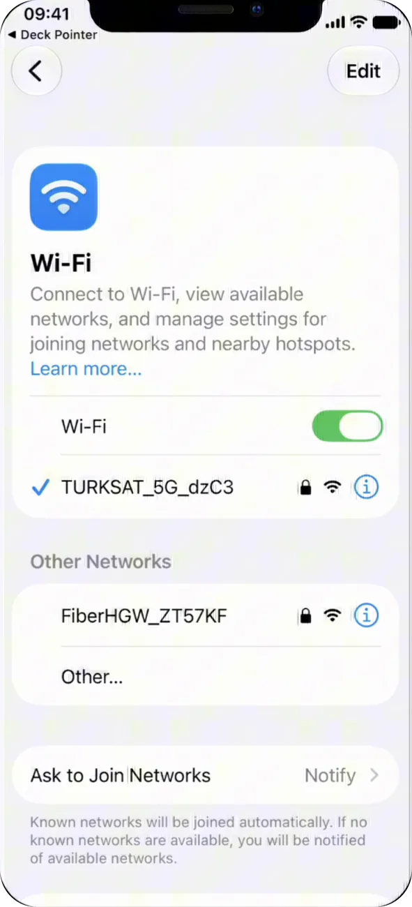 iPhone Wi-Fi settings listing the connected network with an info button next to it