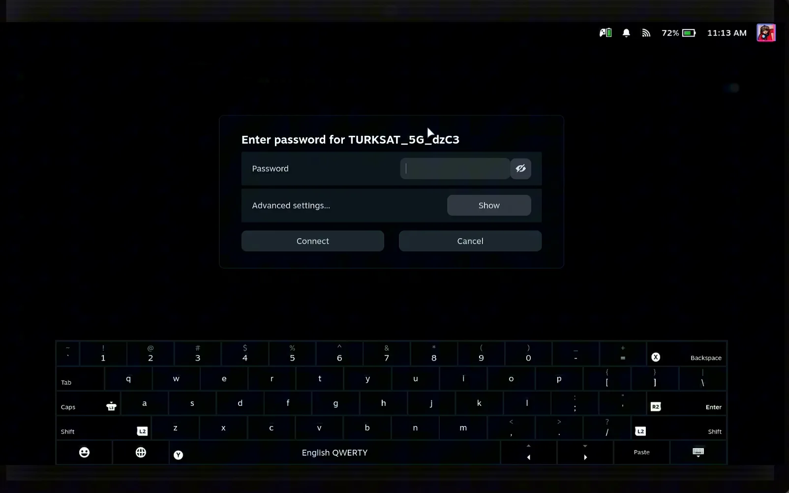Steam Deck dialog reading Enter password for the selected network, with an empty Password field