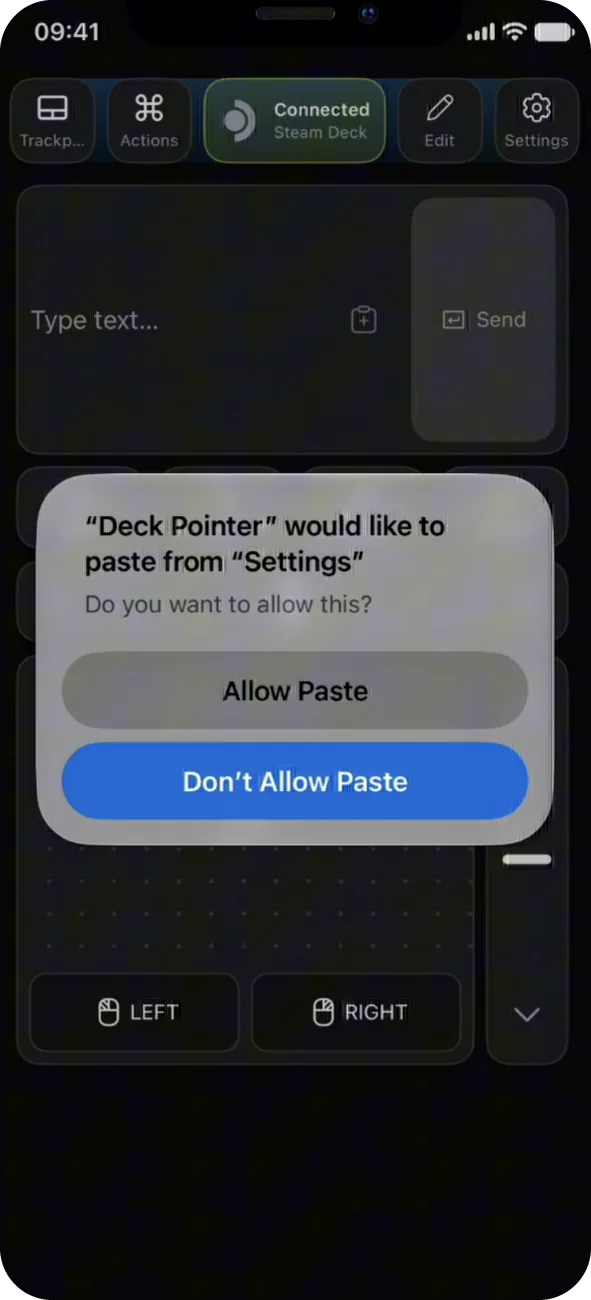 iOS asking whether Deck Pointer may paste from Settings, with Allow Paste and Don't Allow Paste buttons