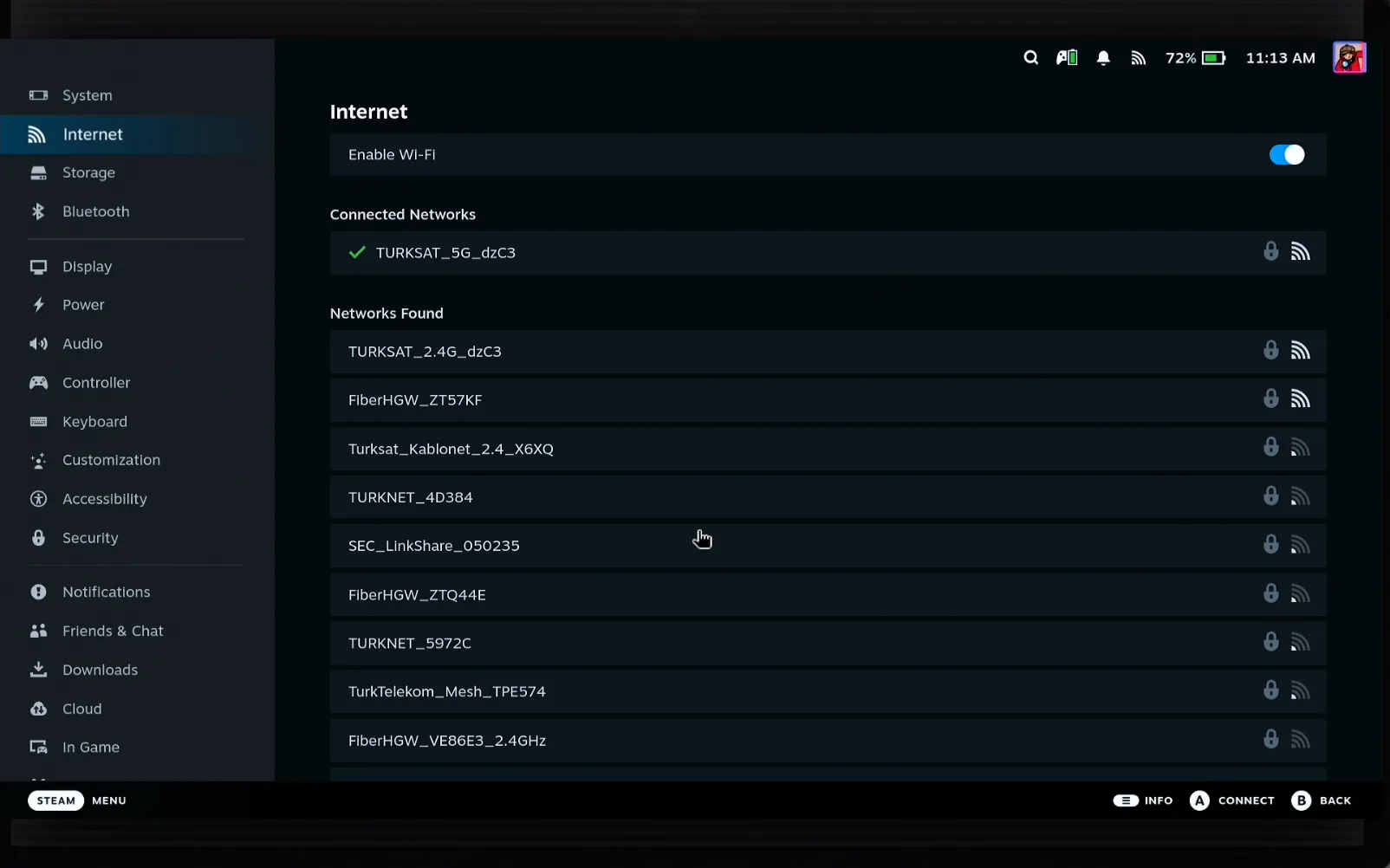 Steam Deck Internet settings with the new network listed under Connected Networks