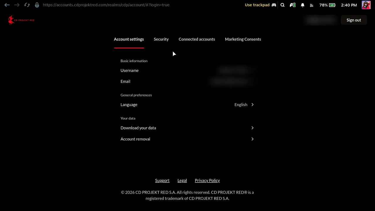 CD PROJEKT RED Account settings page on the Steam Deck with the username and e-mail blurred