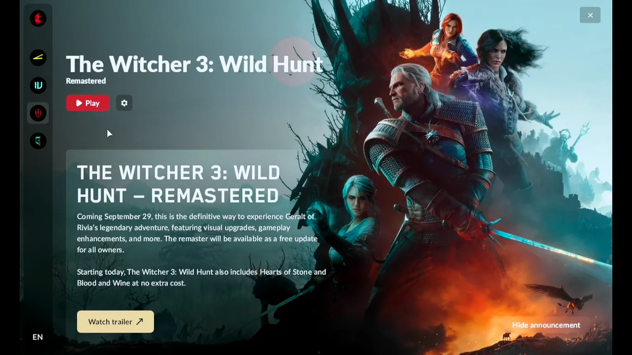 REDlauncher on the Steam Deck back on The Witcher 3 page with the red Play button