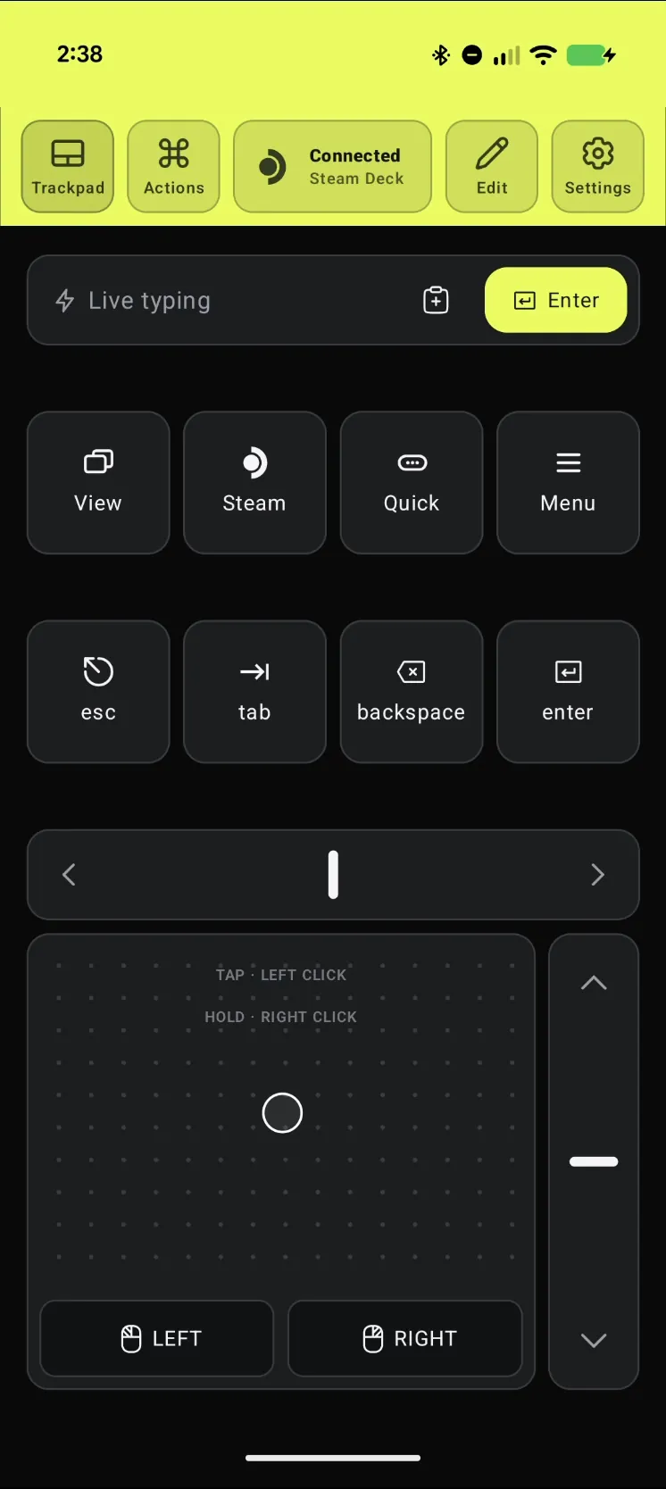 Deck Pointer on the phone with the chip at the top reading Connected, Steam Deck, above the Live typing field, shortcut keys and trackpad