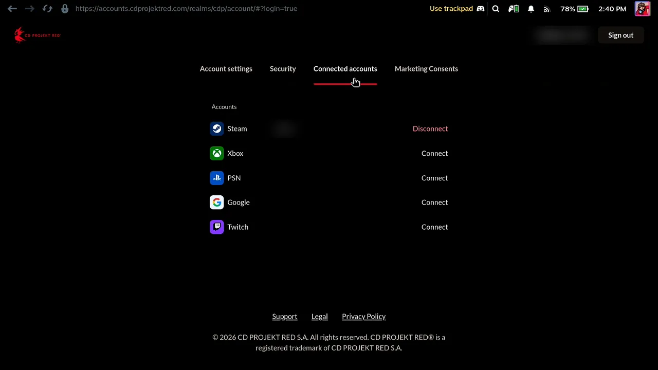 CD PROJEKT RED Connected accounts page with Steam connected, the account name blurred, and Xbox, PSN, Google and Twitch available to connect