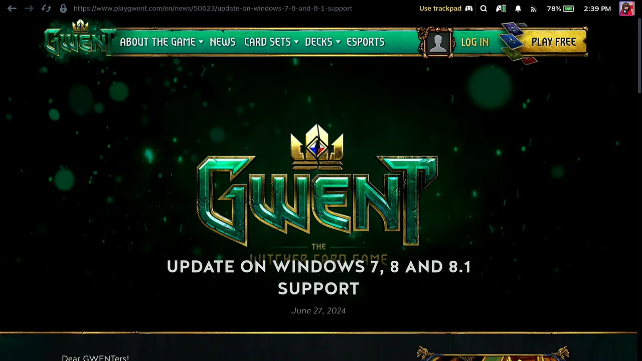 The GWENT website opened in Steam's browser on the Steam Deck, showing an article about Windows 7, 8 and 8.1 support