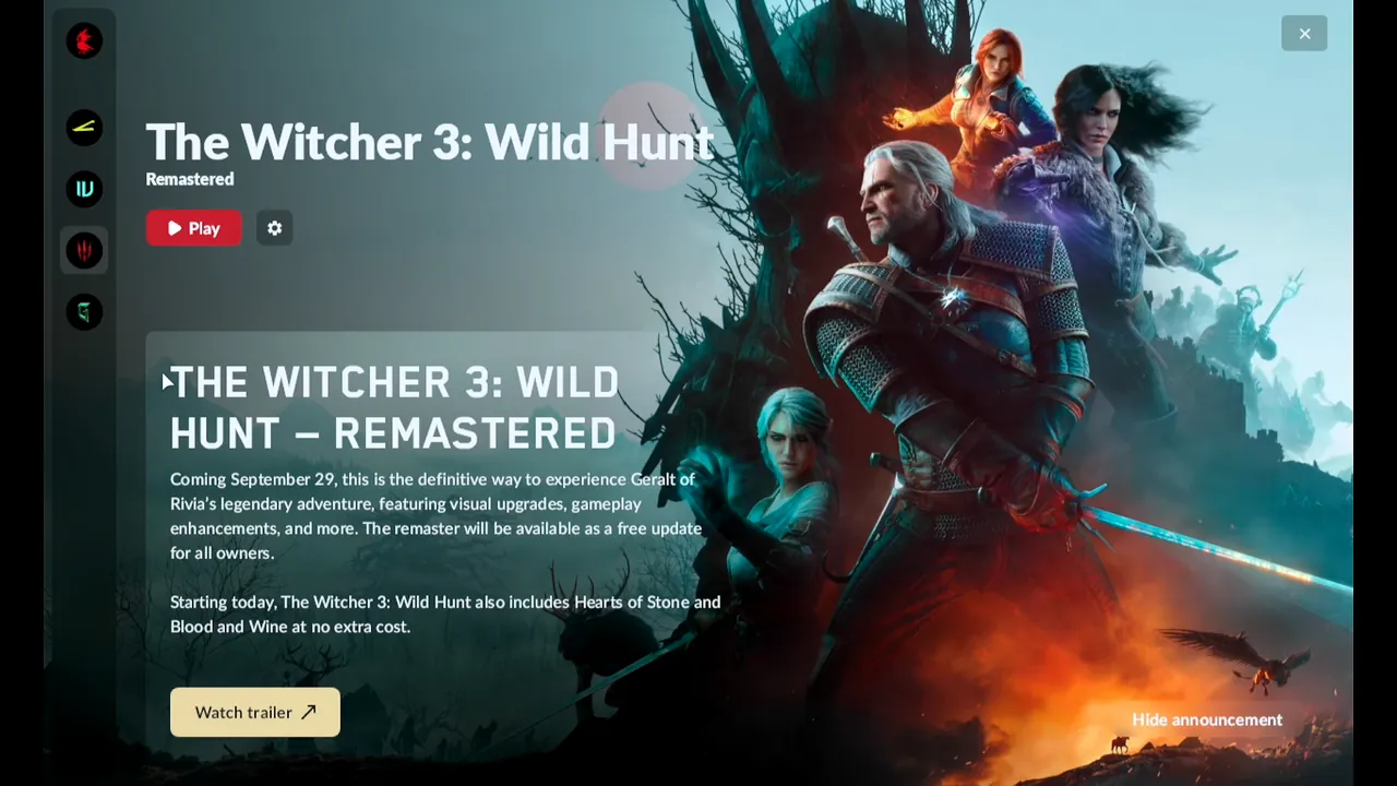 REDlauncher on the Steam Deck showing The Witcher 3: Wild Hunt Remastered page with the Play button and the announcement text