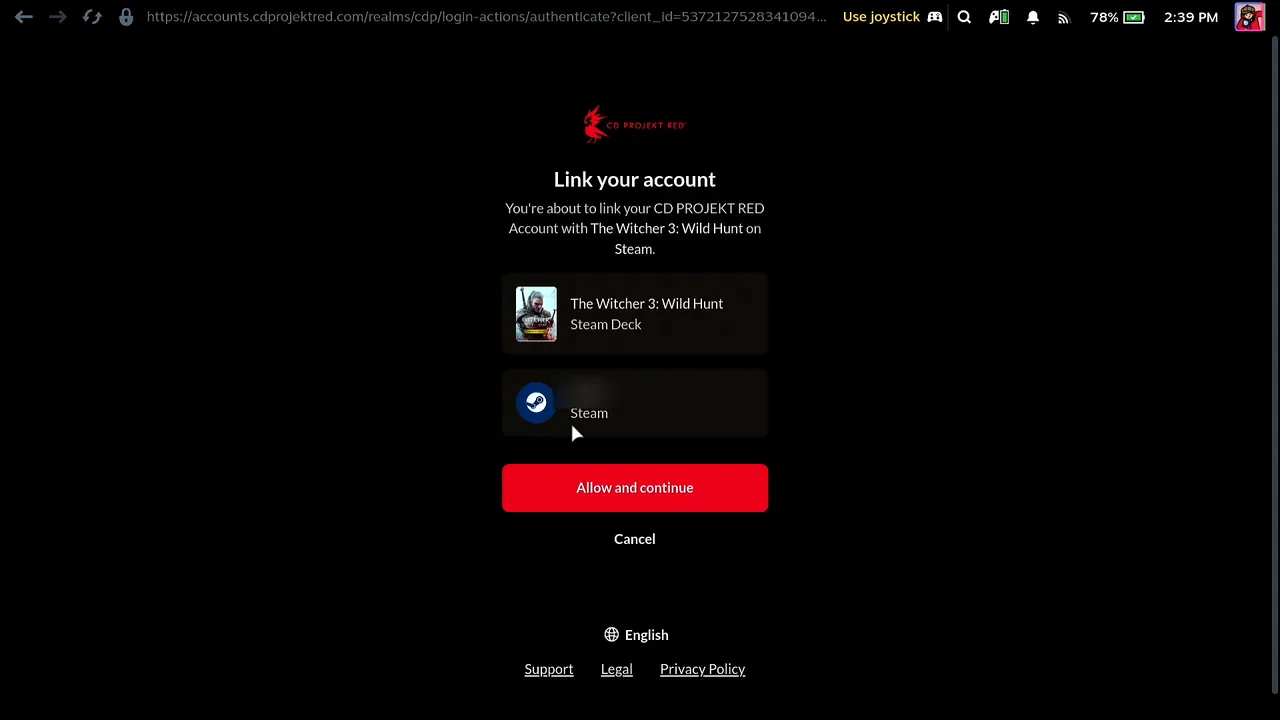 CD PROJEKT RED's Link your account page on the Steam Deck with the Steam account name blurred and the red Allow and continue button