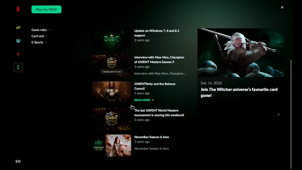 REDlauncher's GWENT page on the Steam Deck with a list of news items and a Read more link