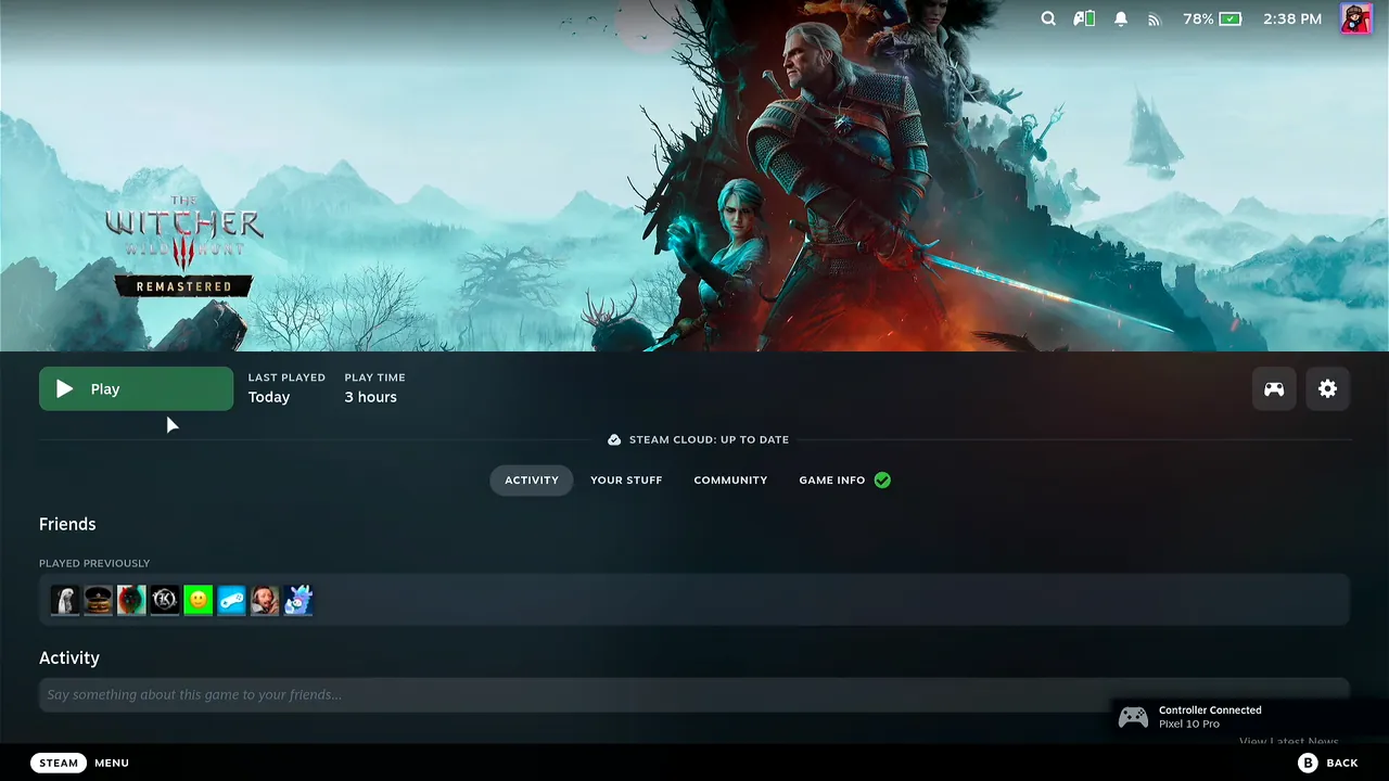 The Witcher 3: Wild Hunt Remastered page in Steam Game Mode on the Steam Deck with the green Play button