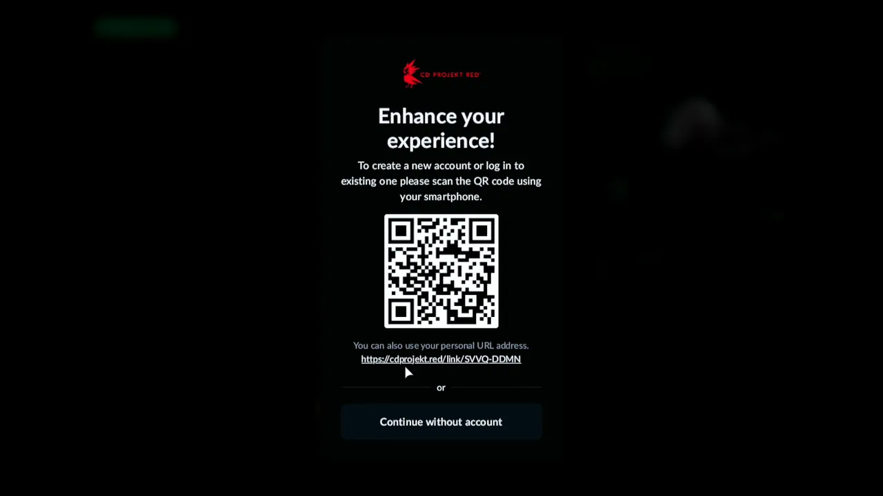 REDlauncher's Enhance your experience screen with a QR code, a personal link and Continue without account