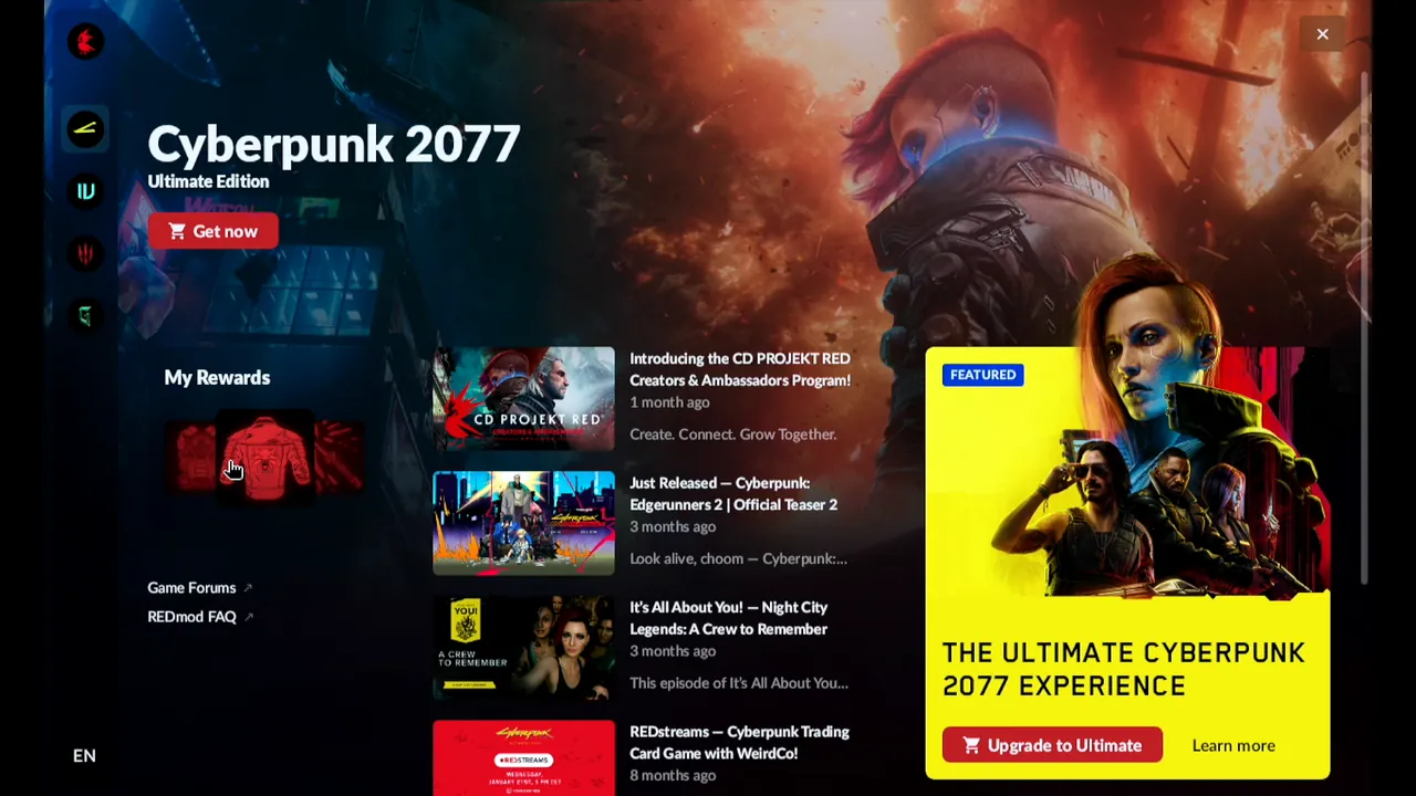 REDlauncher's Cyberpunk 2077 page on the Steam Deck with its news list