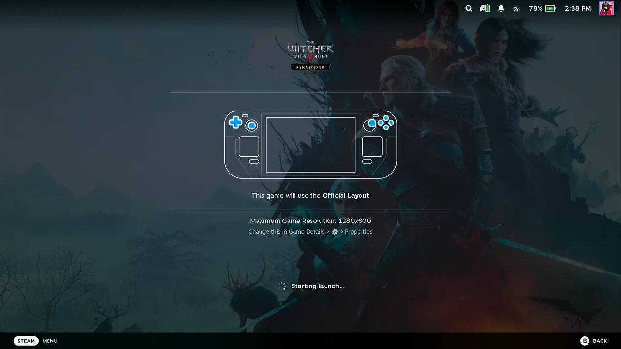 Steam's Starting launch screen on the Steam Deck, with the Official Layout notice