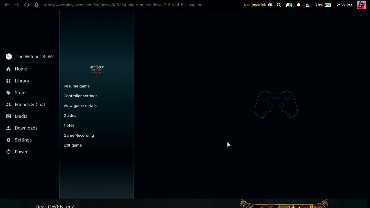 Steam's menu over the browser on the Steam Deck with Resume game at the top of the list