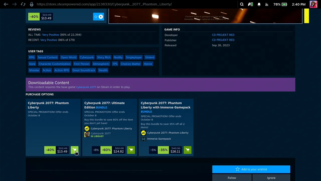 Steam store page on the Steam Deck scrolled to the purchase options