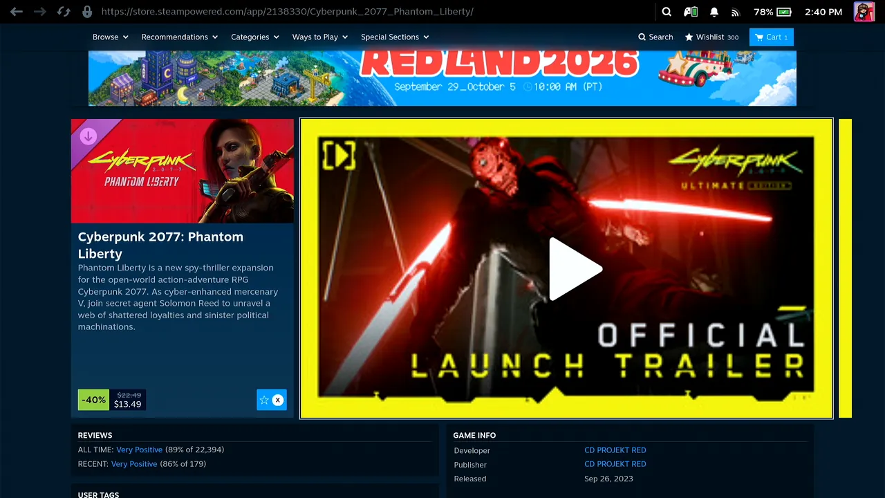 Steam store page for Cyberpunk 2077: Phantom Liberty opened from REDlauncher in Steam's browser on the Steam Deck