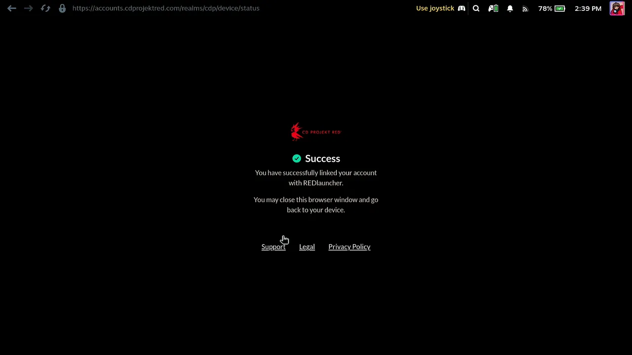 CD PROJEKT RED page reading Success: you have successfully linked your account with REDlauncher